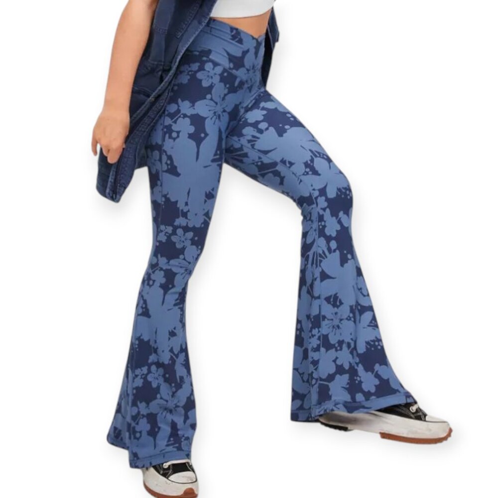 Aerie Womens Blue Sz M Floral Super Flare High-Rise Crossover Leggings | 40"